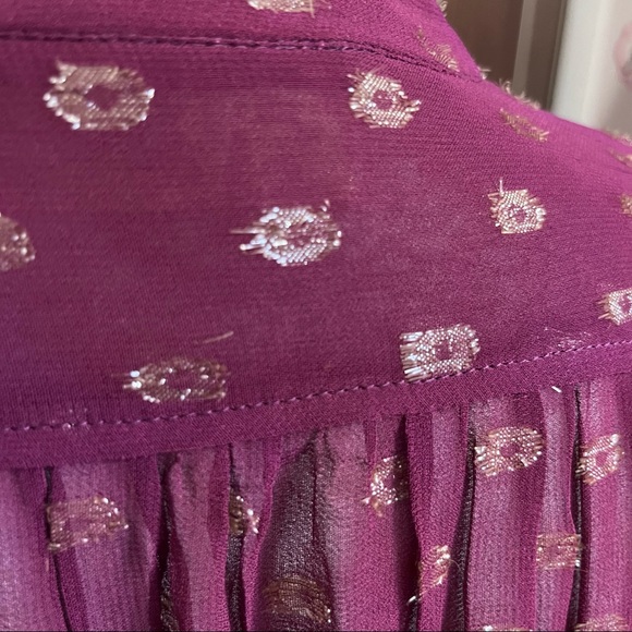 SOLD E Anthropologie Moulinette Soeurs Plum Gold Metallic Sheer Button Up Blouse - Picture 8 of 10